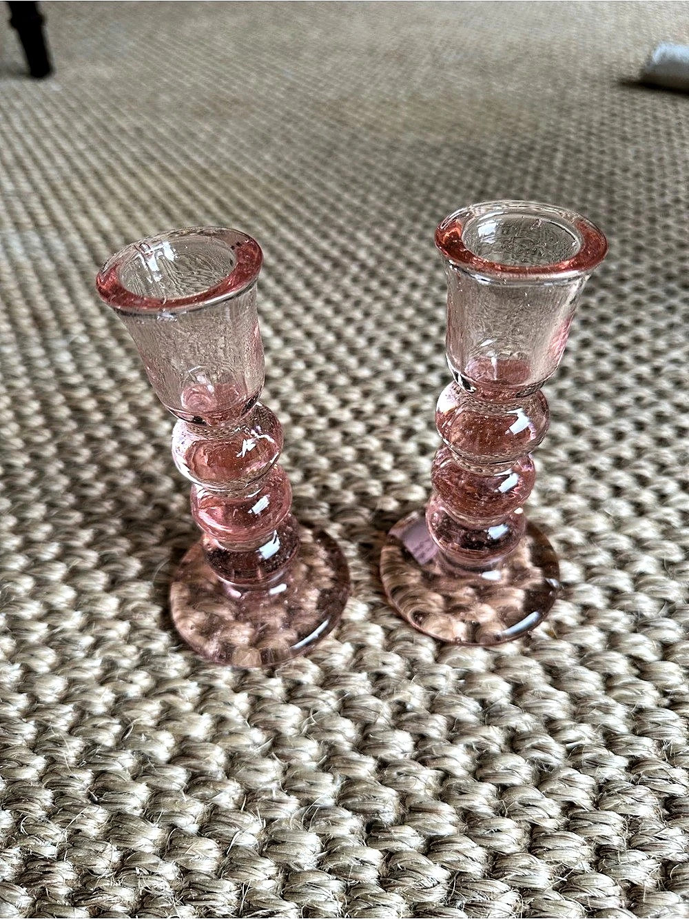 NIB Juliska Provence Candlestick Set/2 Pink Glass Candlesticks